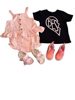 BFF Heart Tee & Pink Ruffle Romper Set 24M w/ Vans & Sandals